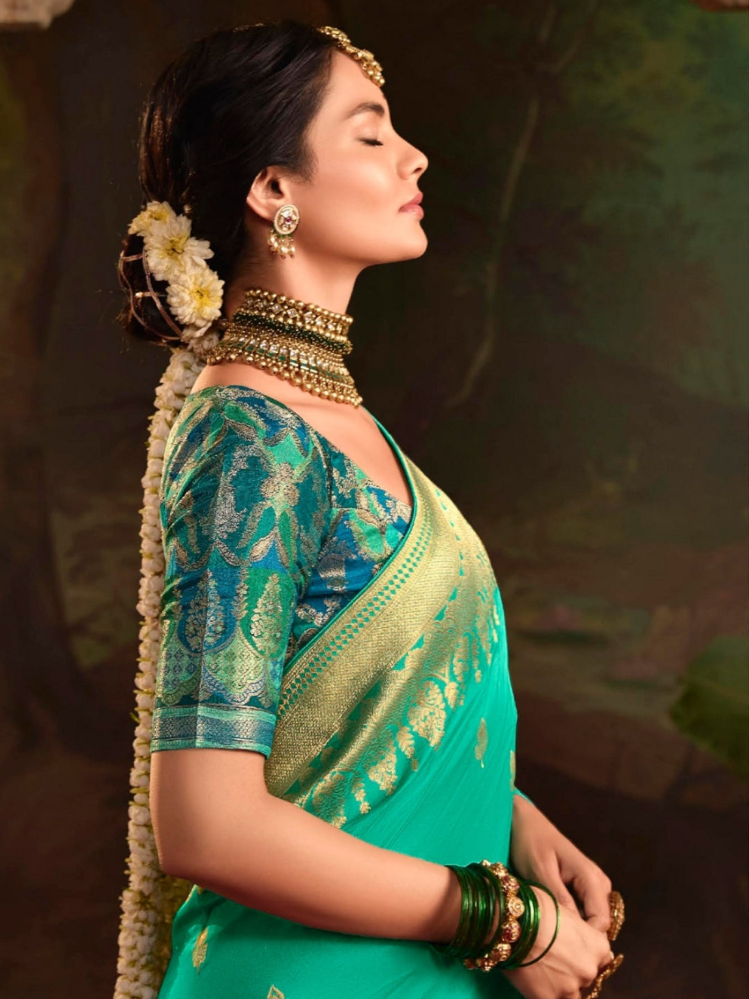 Spring Green Crepe Dola Banarasi Saree