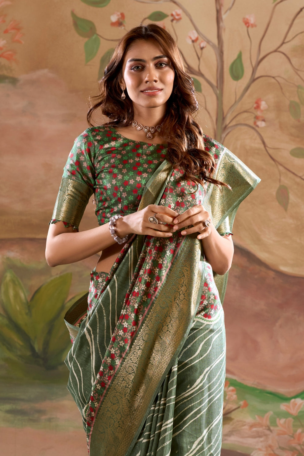 Dark Green Cotton With Digital Print Saree