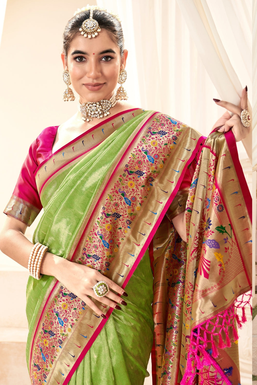 Forest Green Pure Paithani Tissue Silk Saree