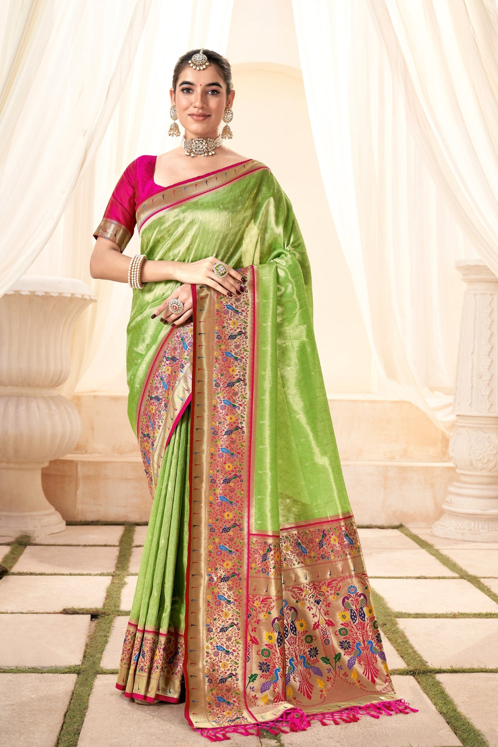 Forest Green Pure Paithani Tissue Silk Saree