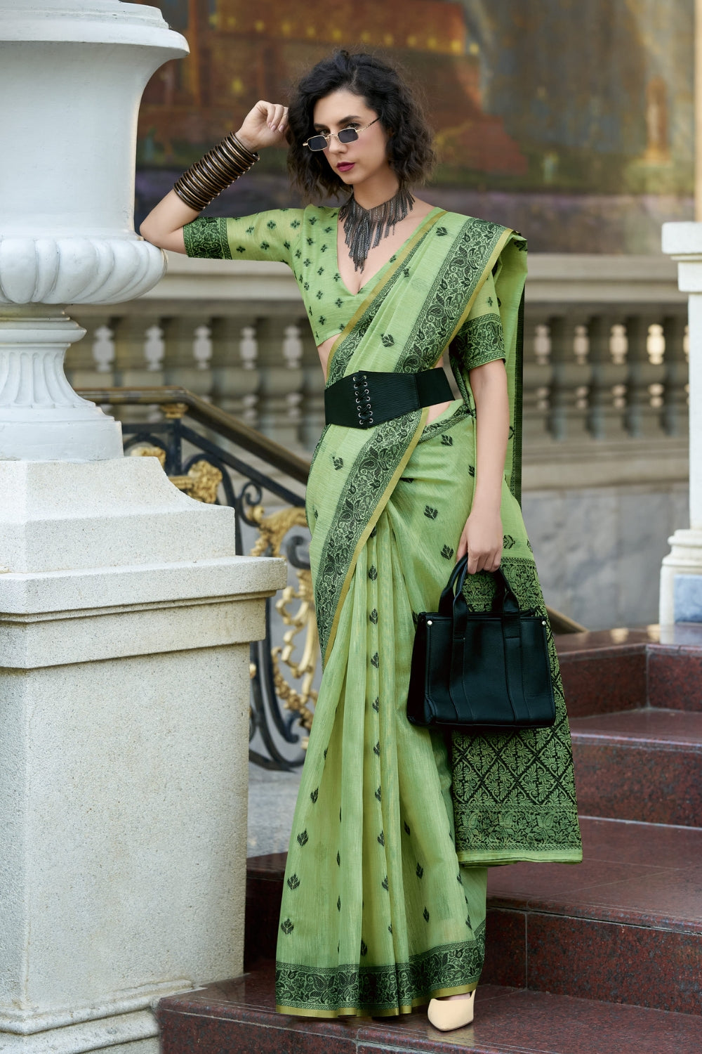 Green Linen Tissue Silk Saree