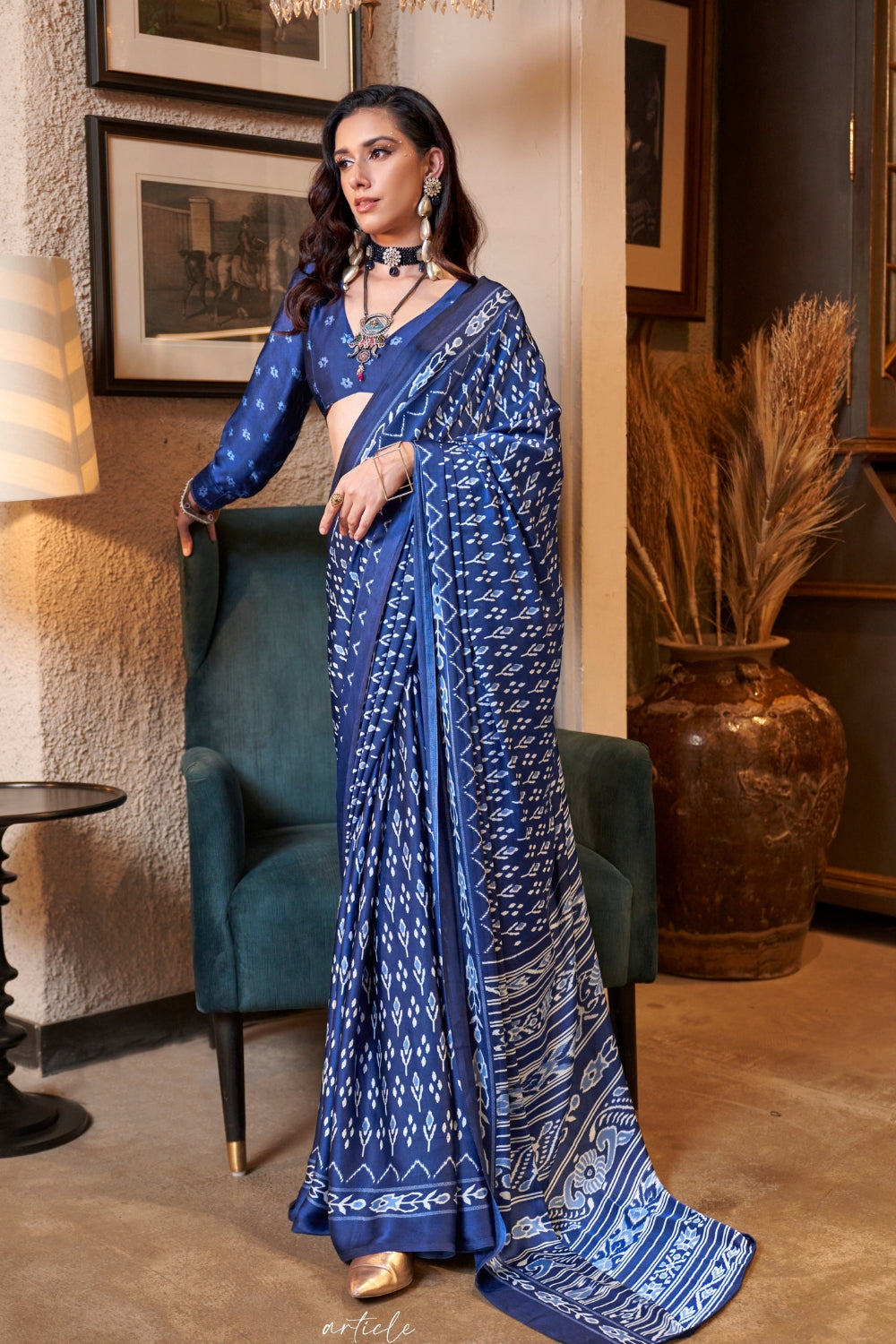 BLUE SATIN CREPE SAREE