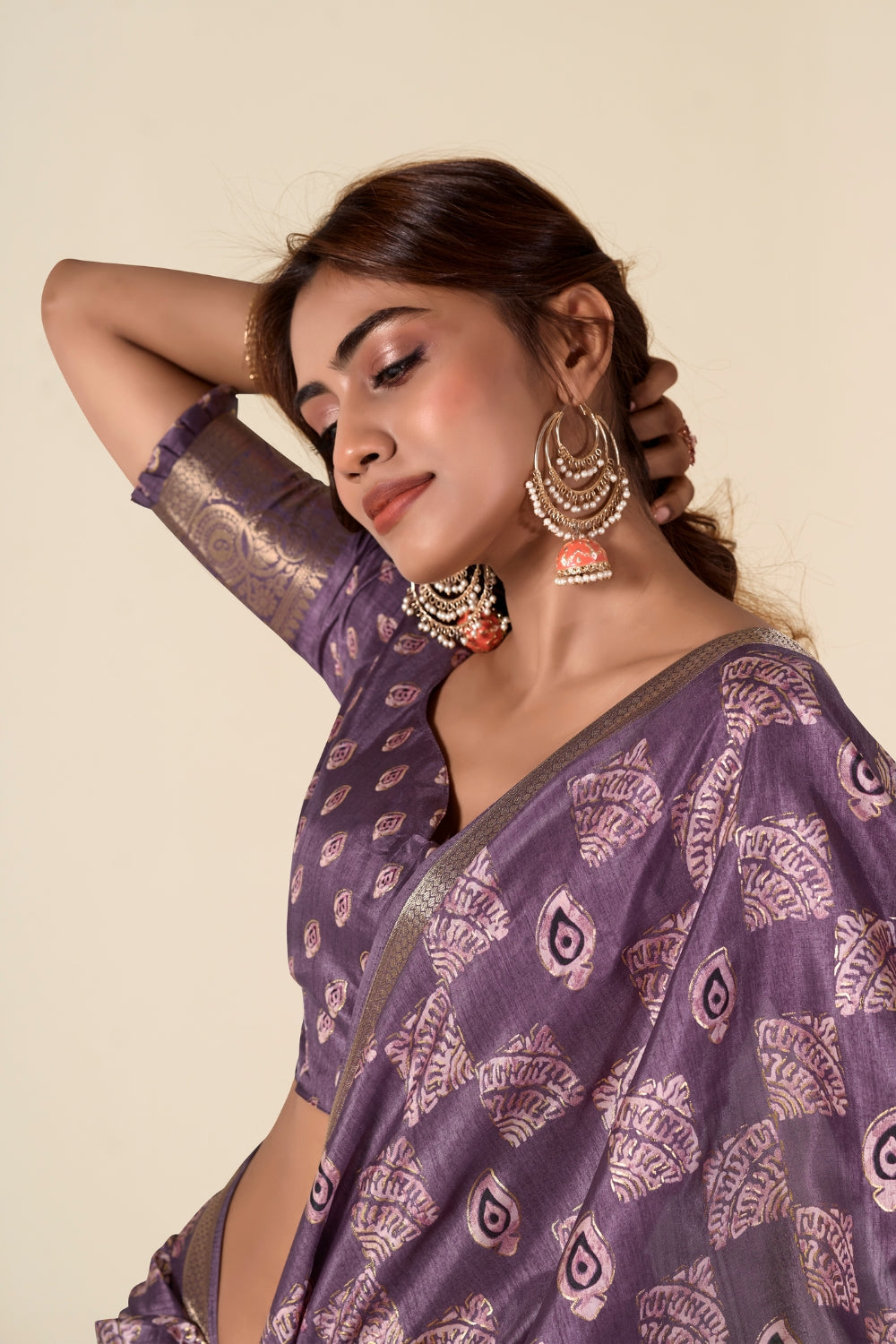 Purple Soft Dola Silk With Foil Print Saree