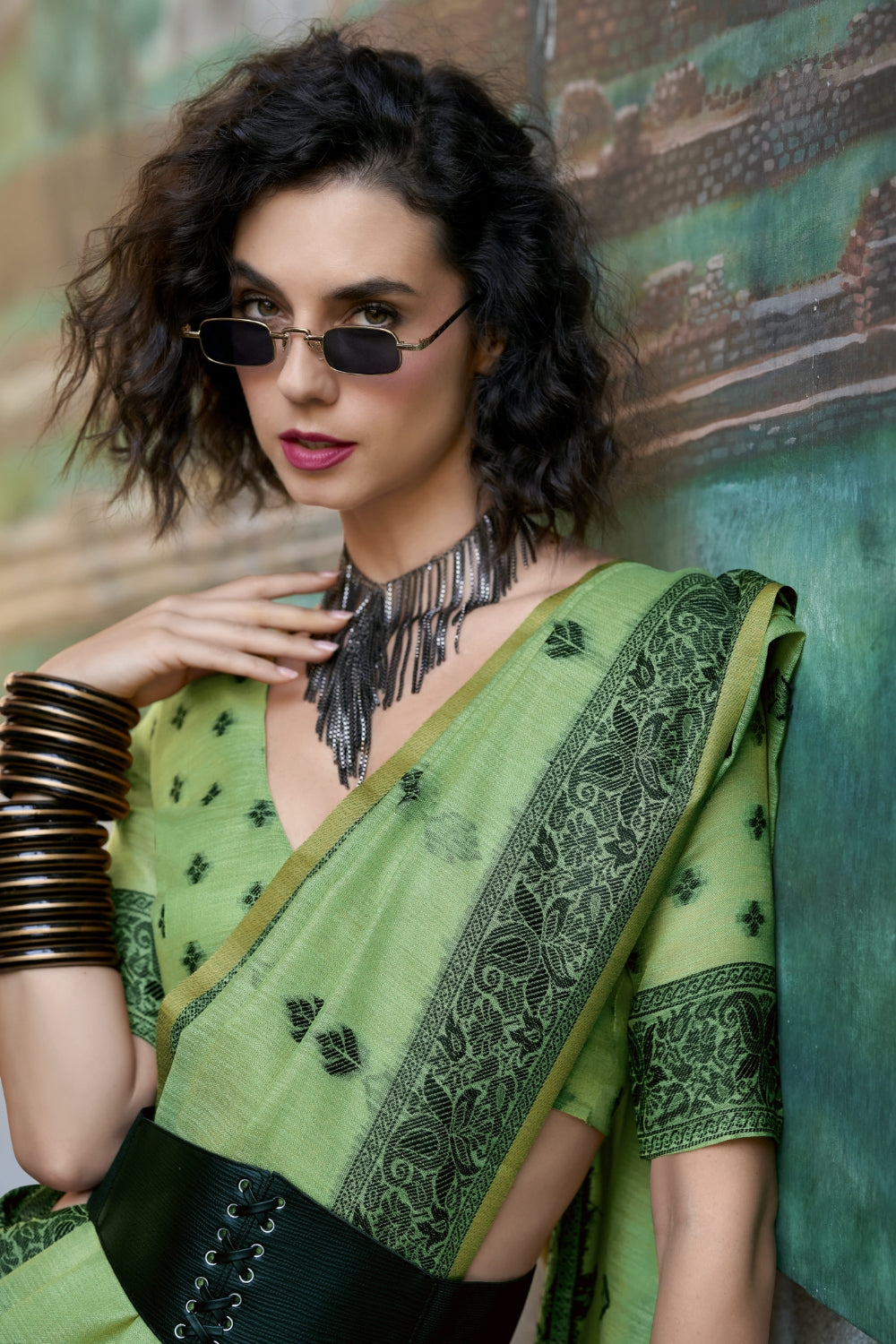 Green Linen Tissue Silk Saree