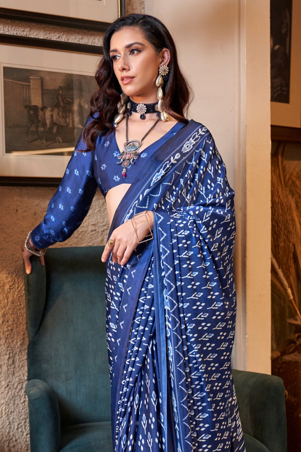 BLUE SATIN CREPE SAREE