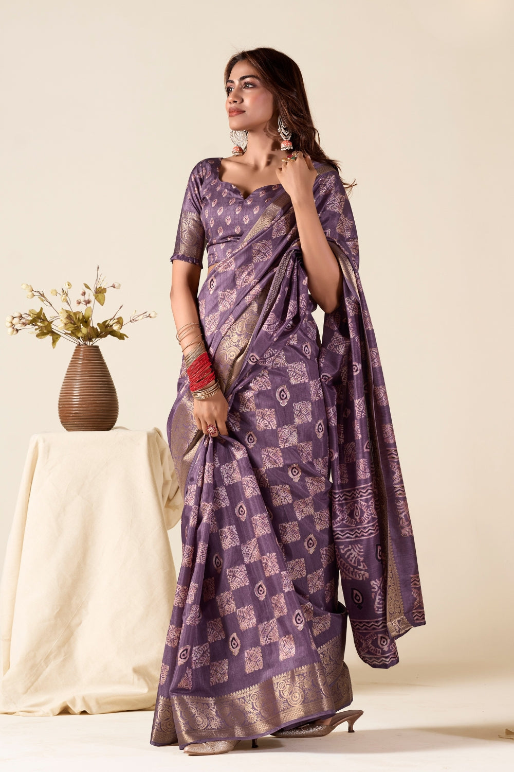 Purple Soft Dola Silk With Foil Print Saree