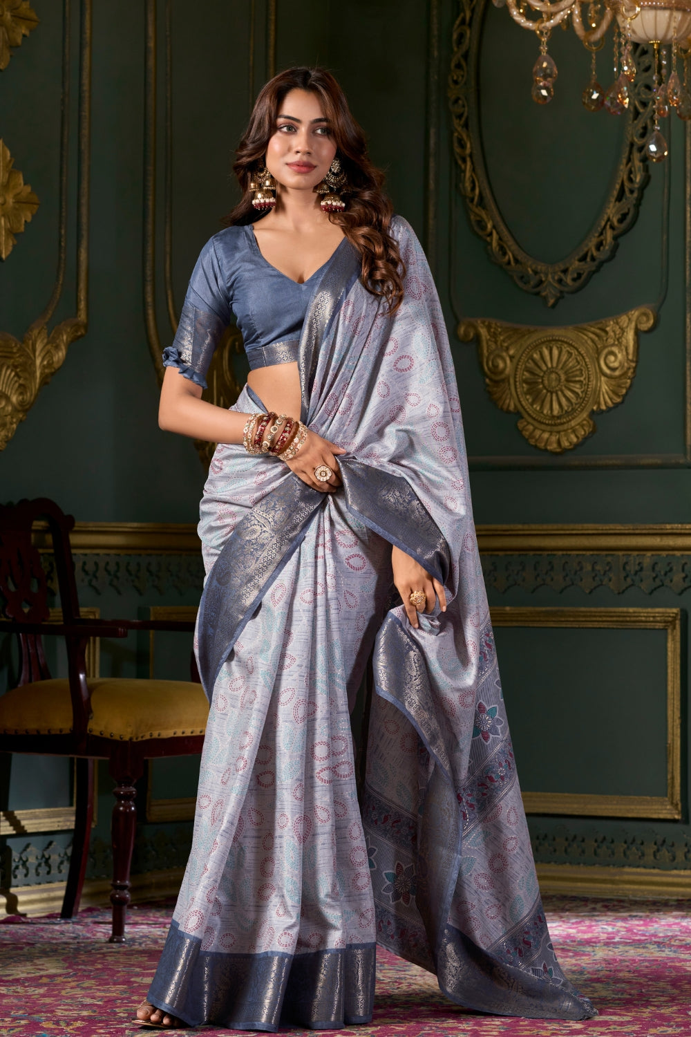 Grey Soft Silk Fabric With Foil Print Saree