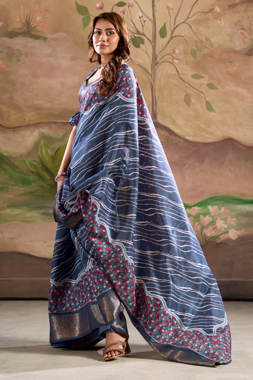 Dark Blue Cotton With Digital Print Saree