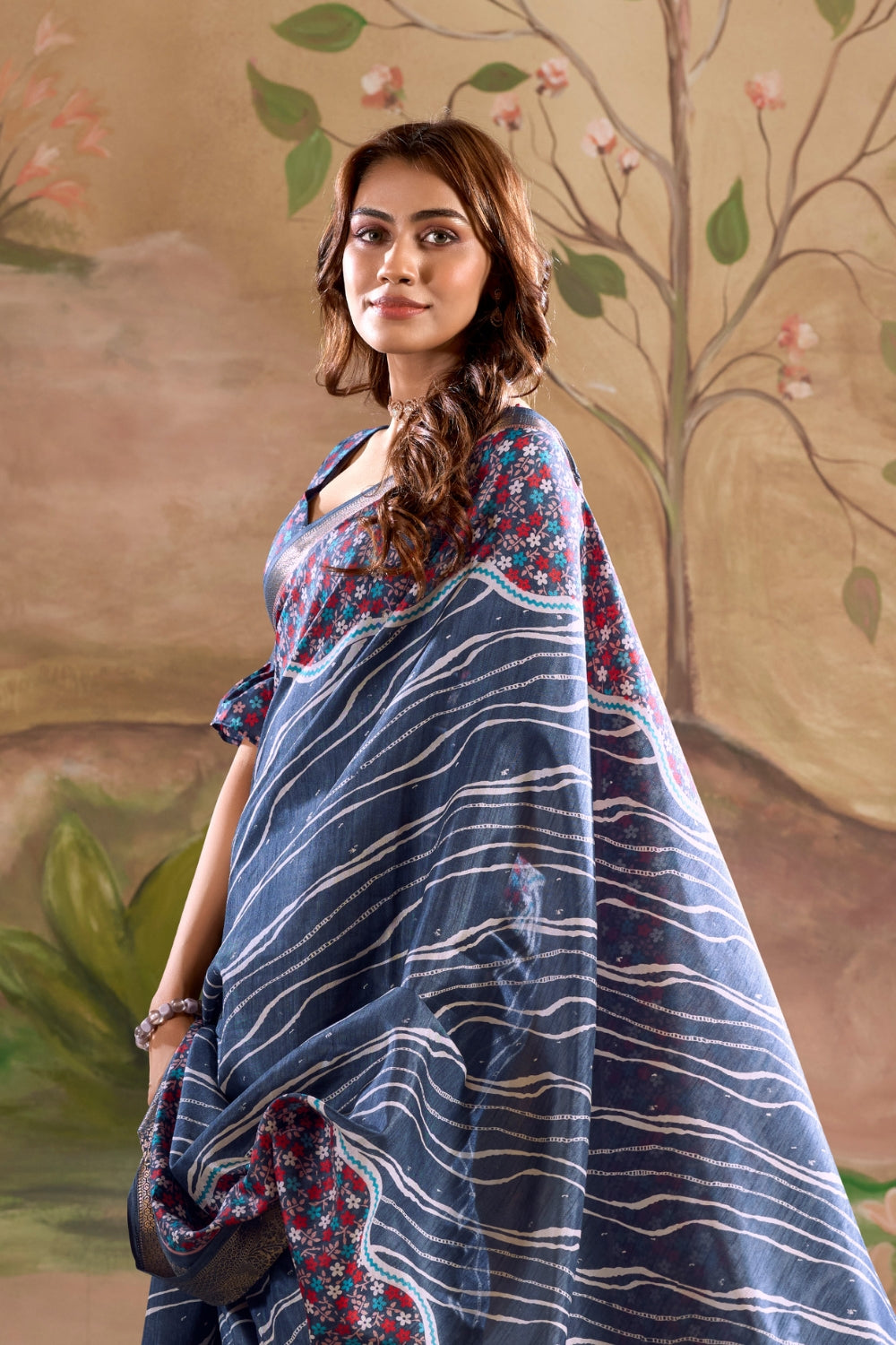 Dark Blue Cotton With Digital Print Saree