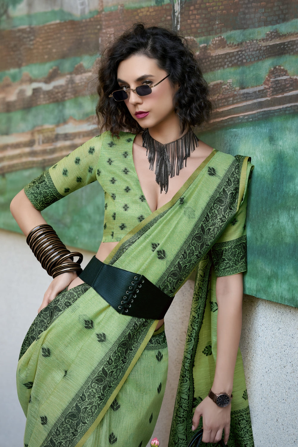 Green Linen Tissue Silk Saree