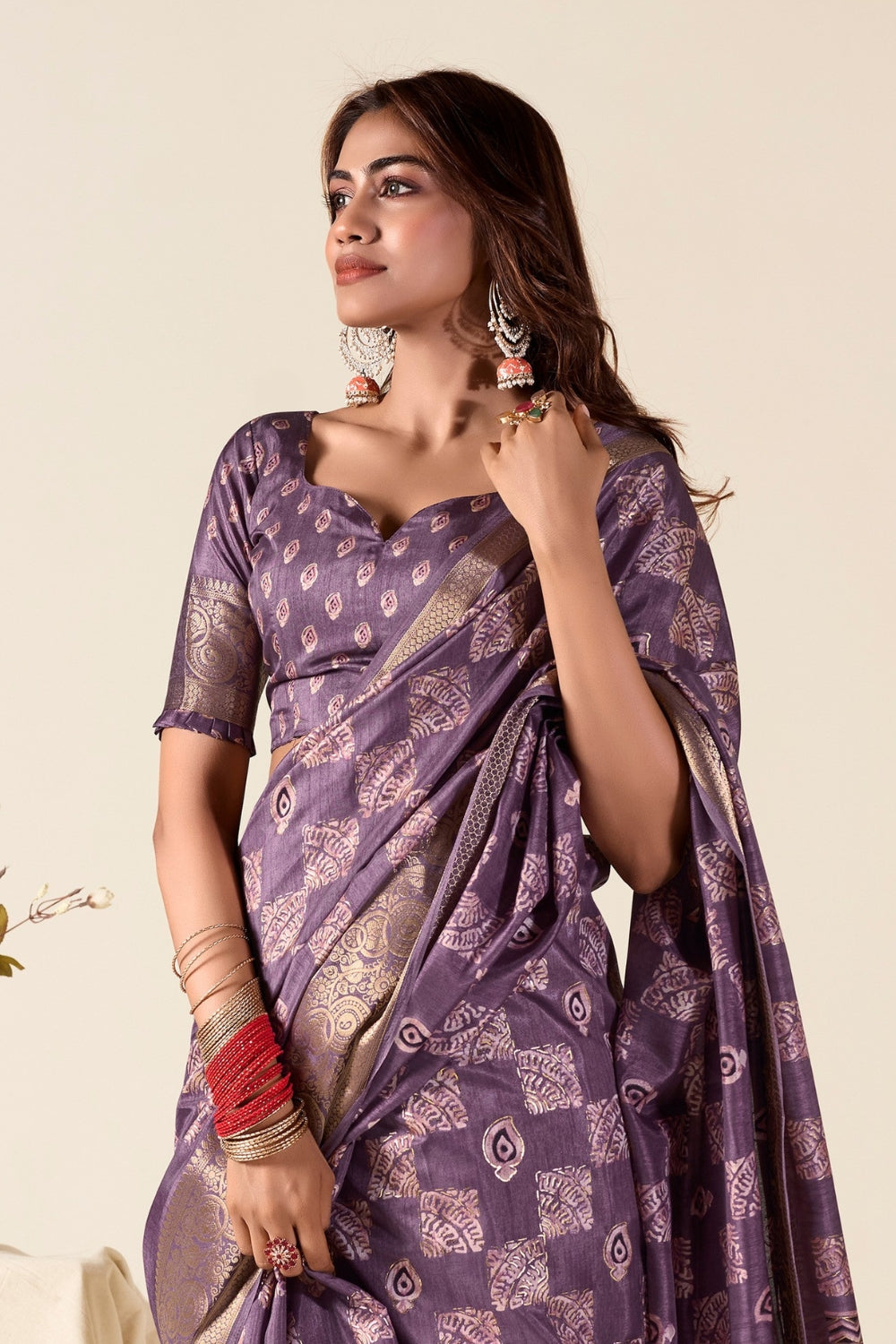 Purple Soft Dola Silk With Foil Print Saree