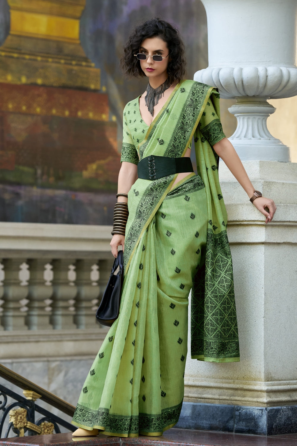 Green Linen Tissue Silk Saree