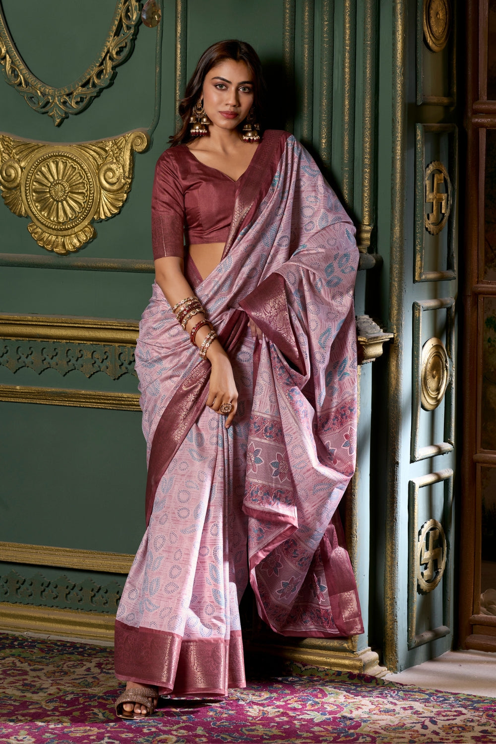 Marron Soft Silk Fabric With Foil Print Saree