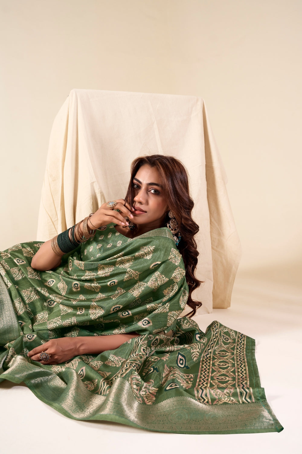 Green Soft Dola Silk With Foil Print Saree