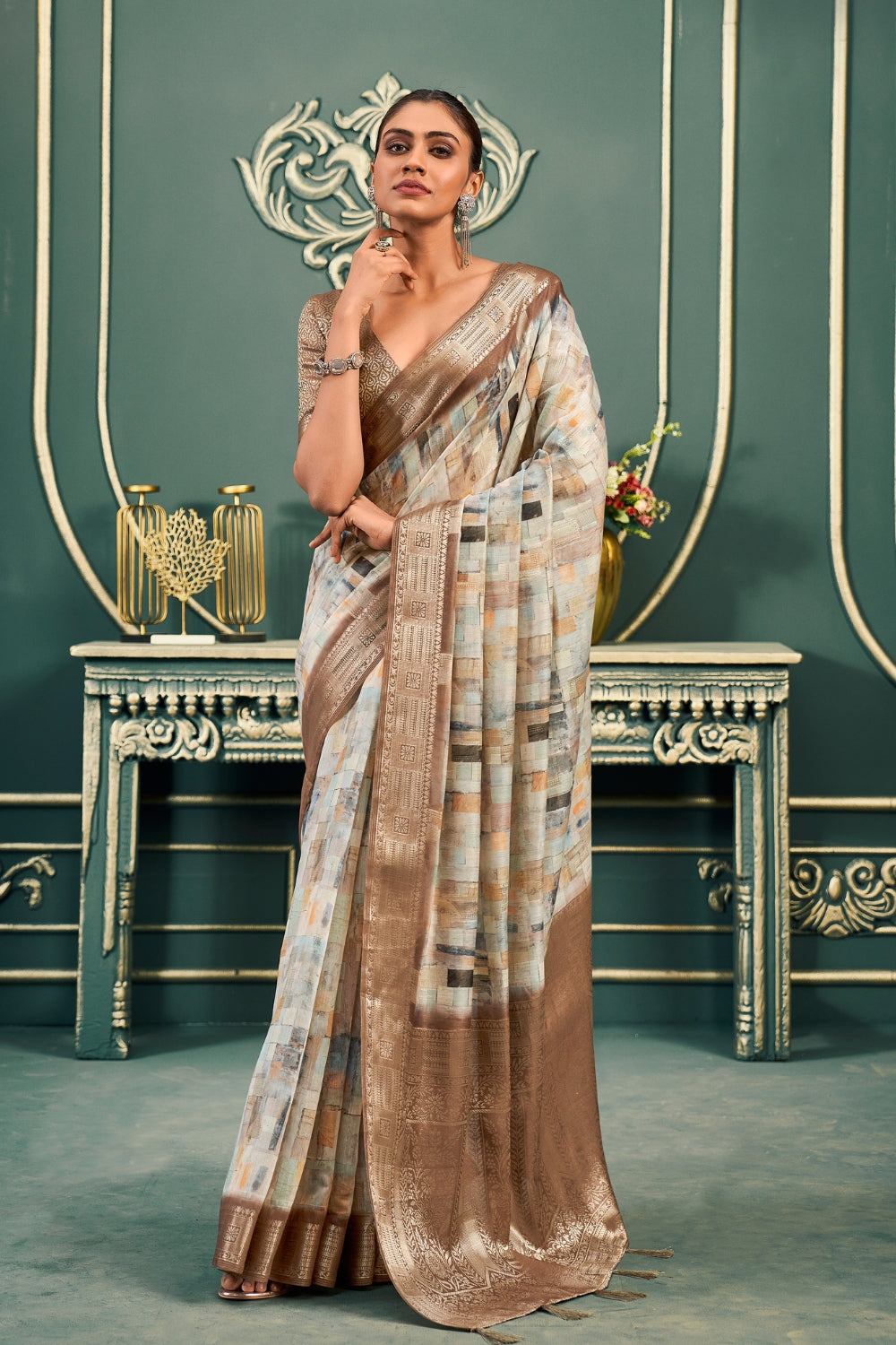 White Brown Modal Cotton Saree