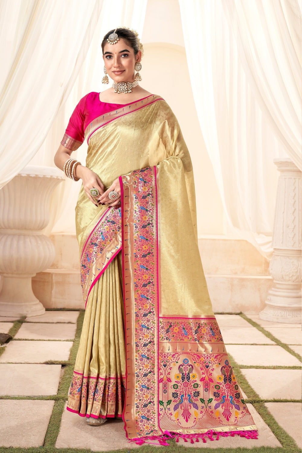 Bidge White Pure Paithani Tissue Silk Saree