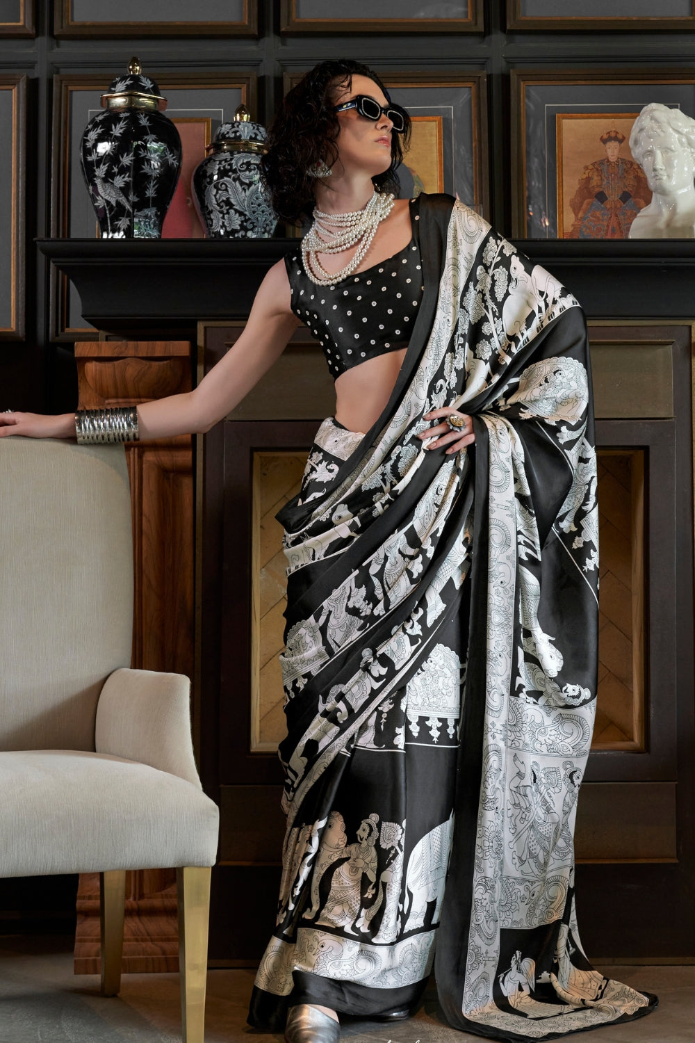 BLACK & WHITE SATIN CREPE SAREE