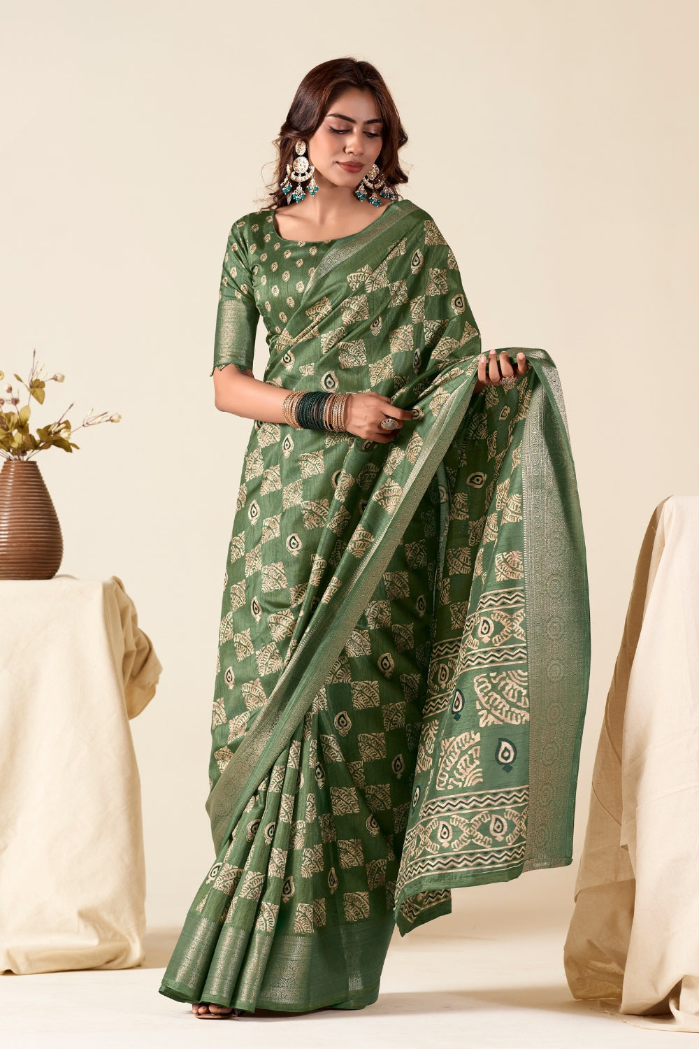 Green Soft Dola Silk With Foil Print Saree