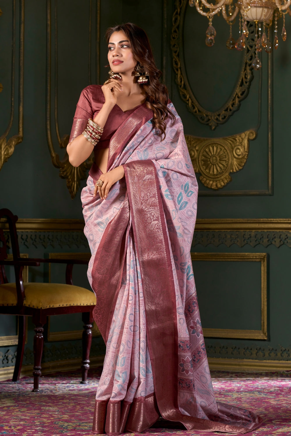 Marron Soft Silk Fabric With Foil Print Saree