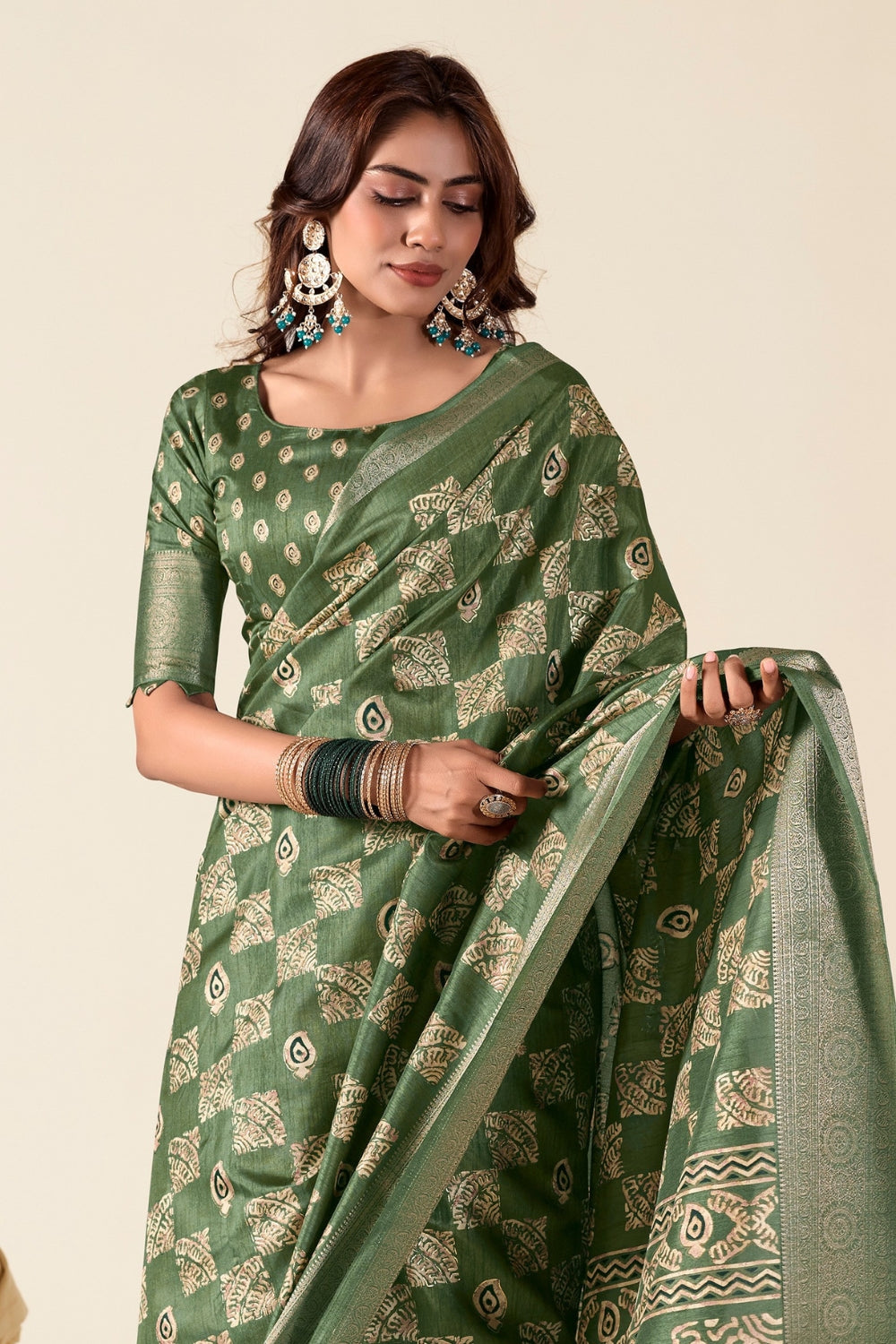 Green Soft Dola Silk With Foil Print Saree