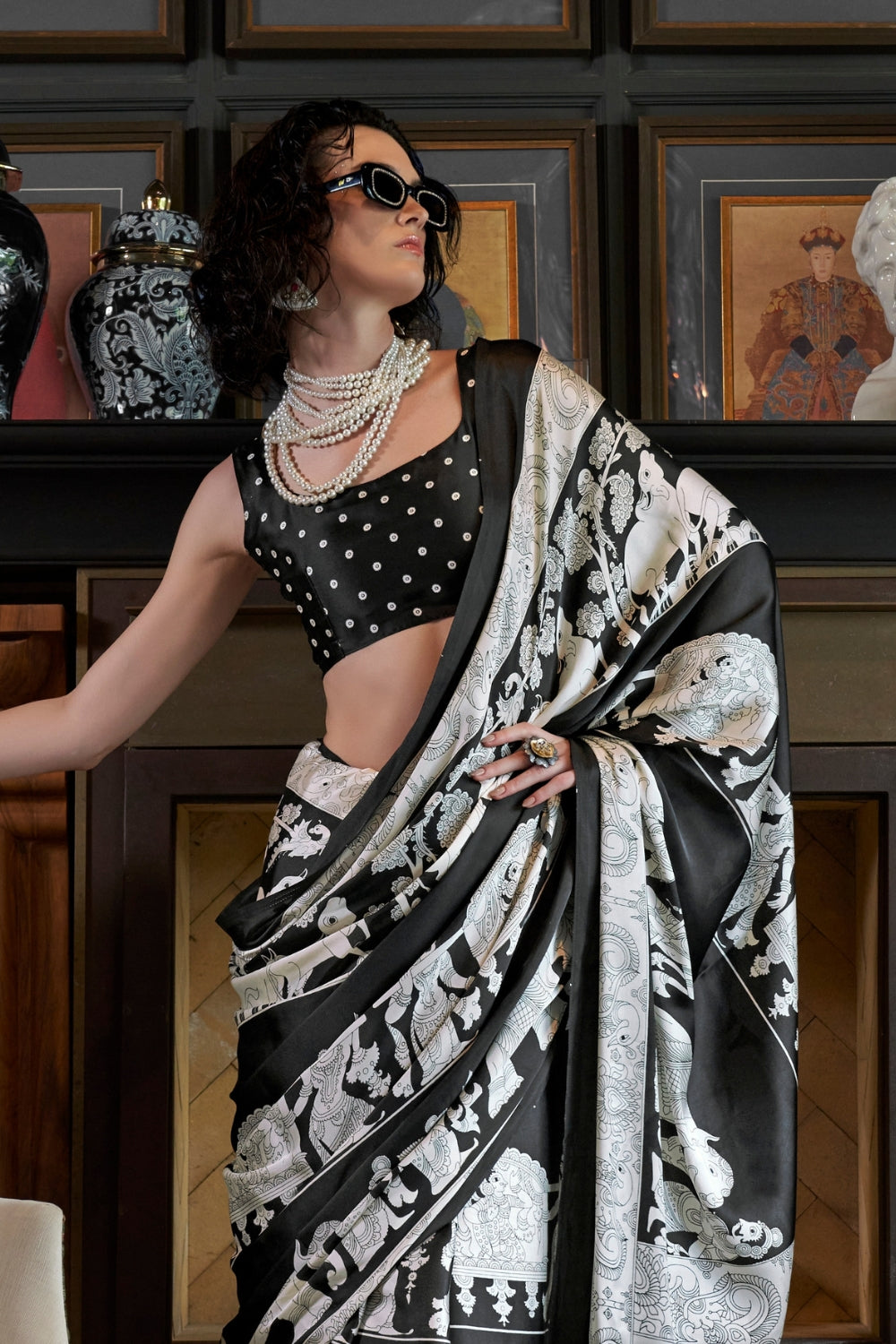 BLACK & WHITE SATIN CREPE SAREE