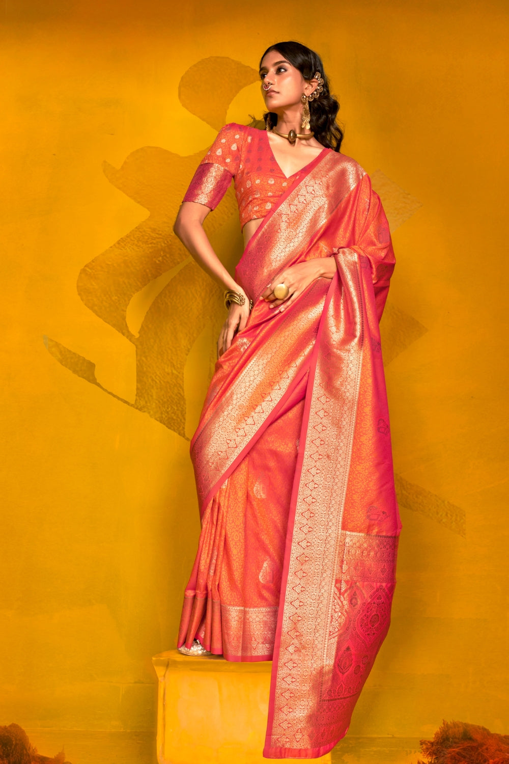 Orange Handloom Weaving Silk Saree