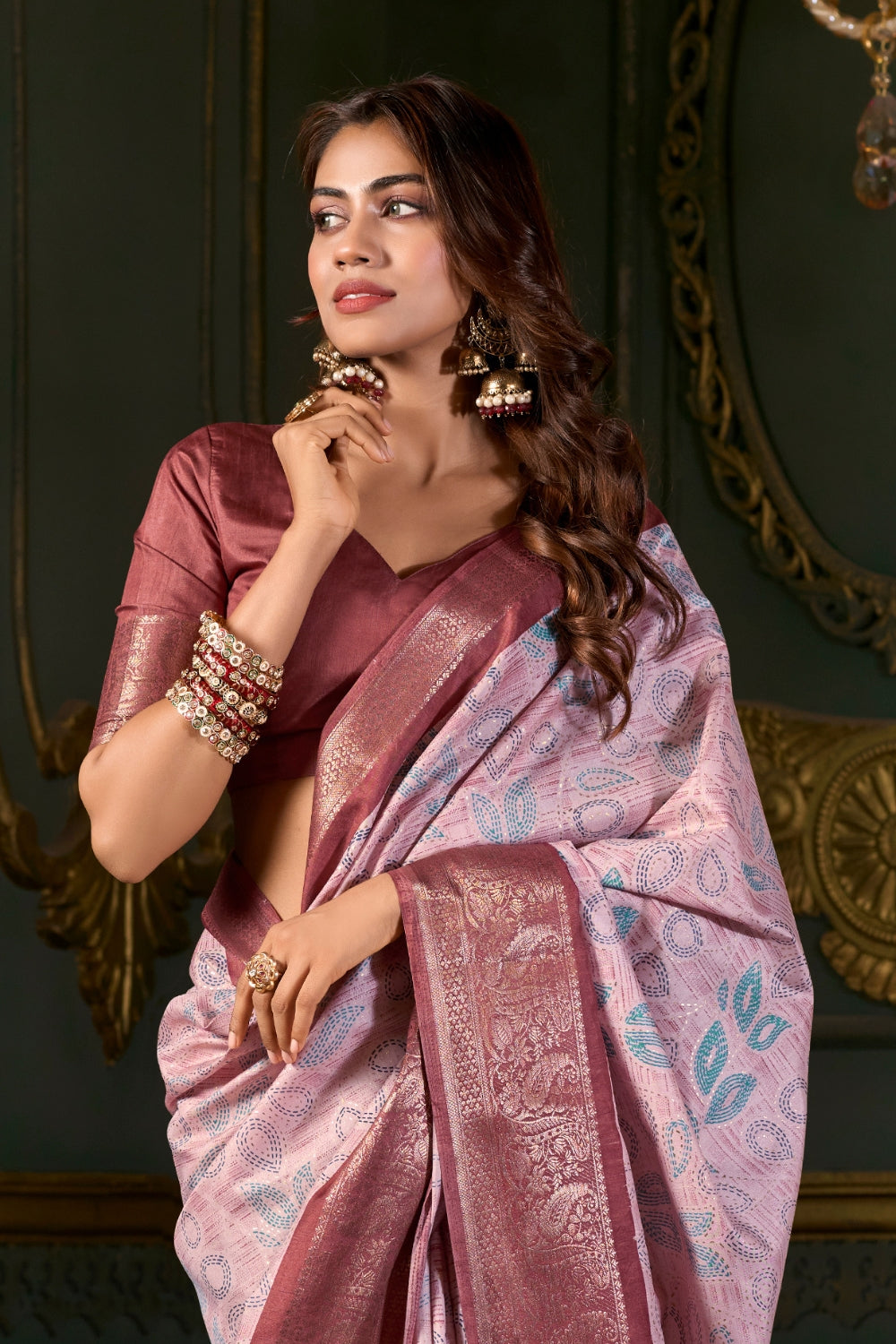 Marron Soft Silk Fabric With Foil Print Saree