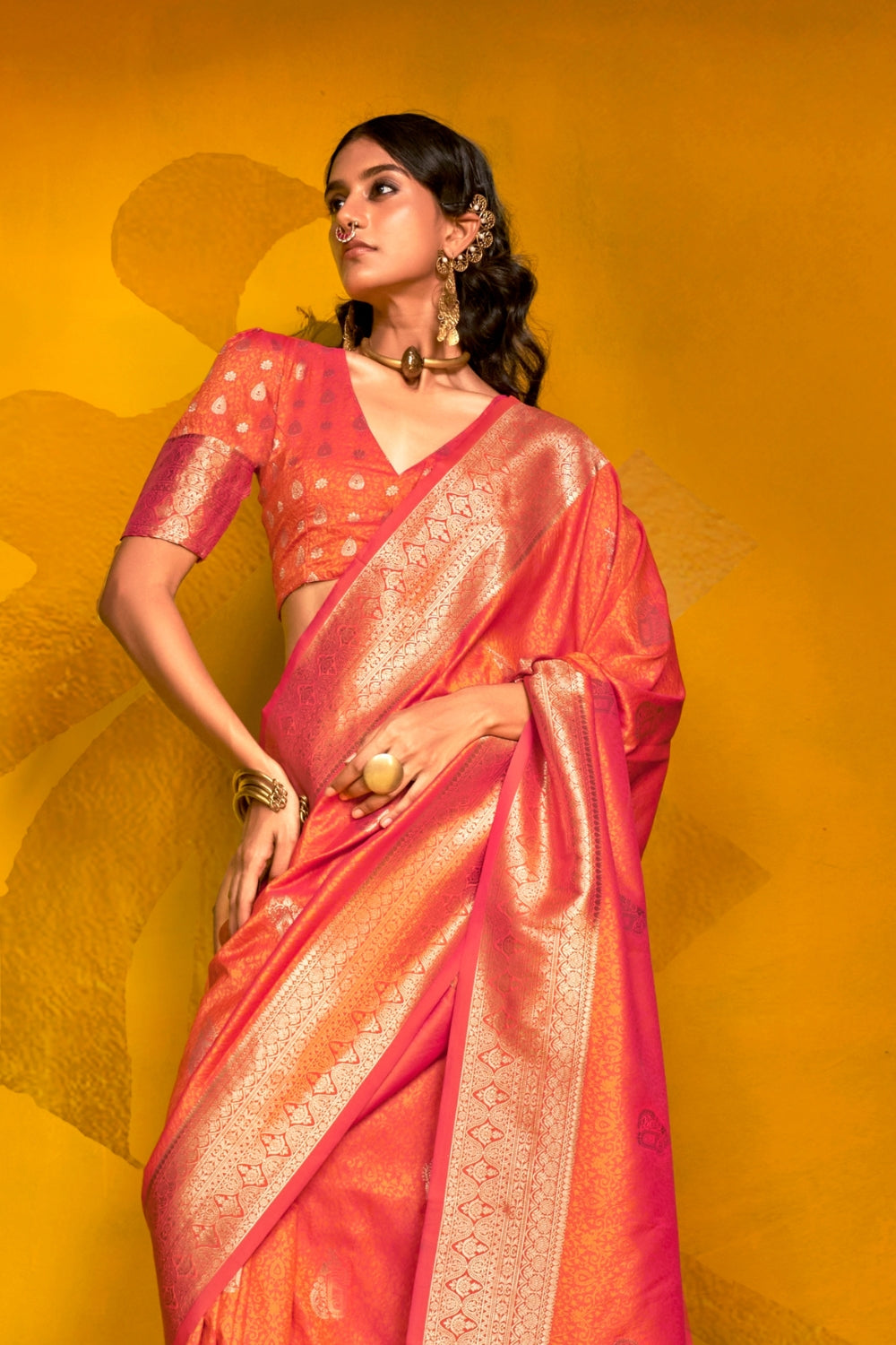 Orange Handloom Weaving Silk Saree