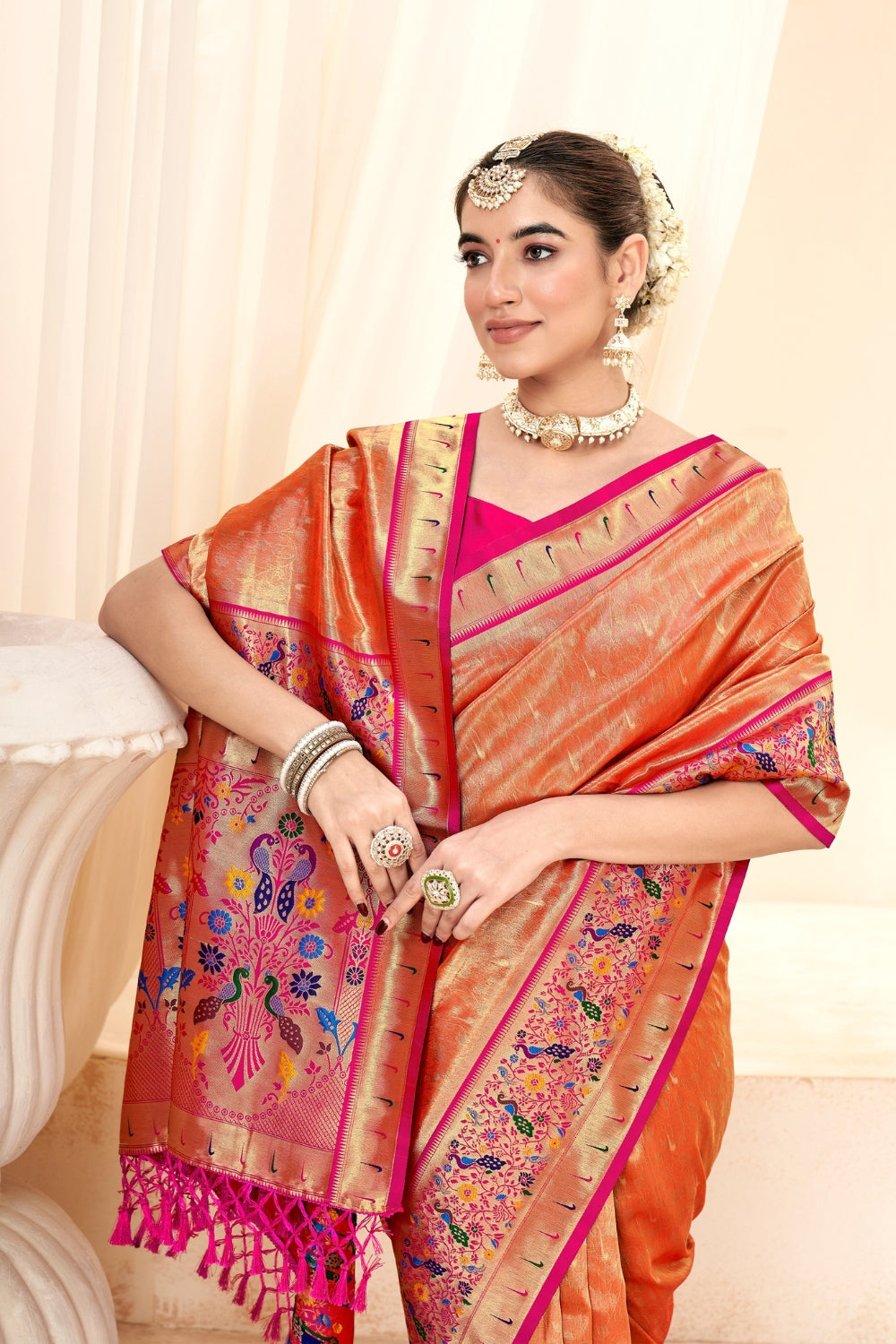 Fire Orange Pure Paithani Tissue Silk Saree