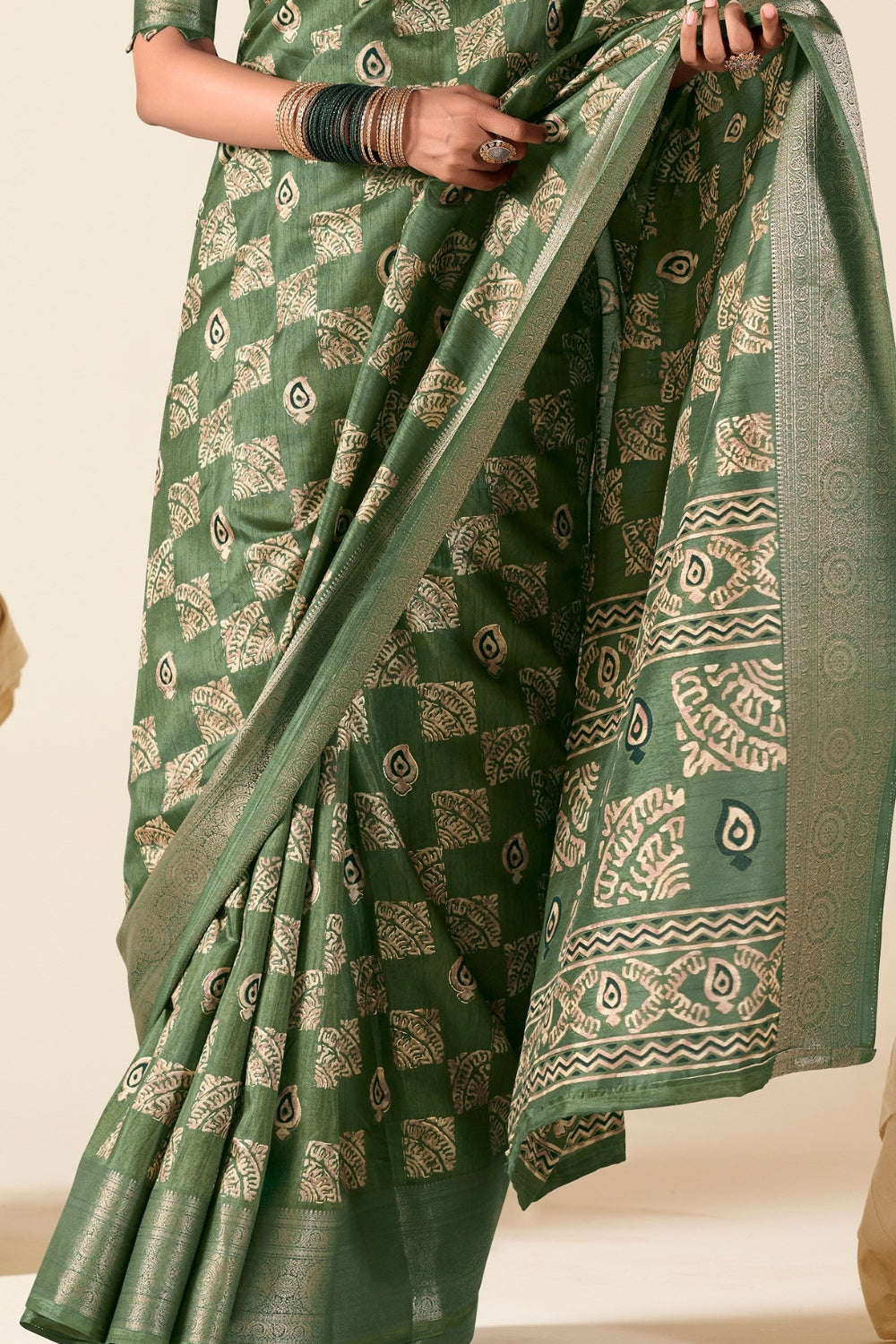 Green Soft Dola Silk With Foil Print Saree