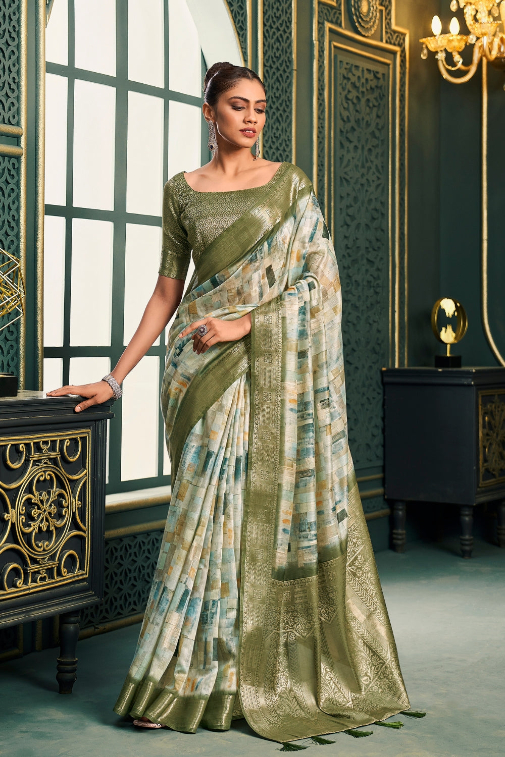 White Green Modal Cotton Saree