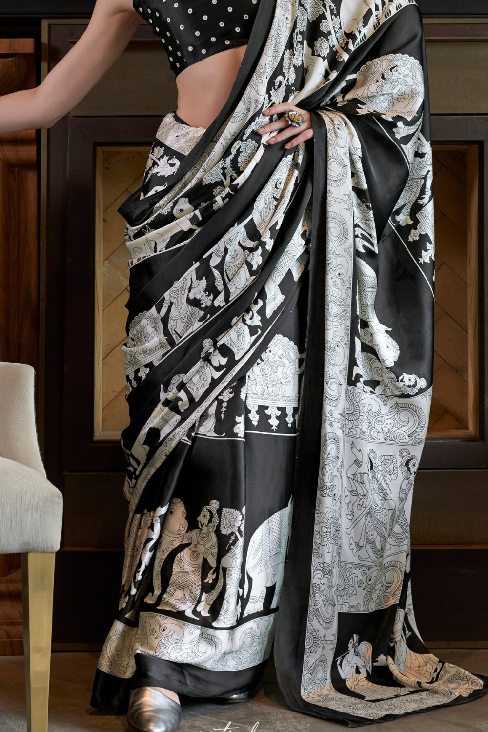 BLACK & WHITE SATIN CREPE SAREE