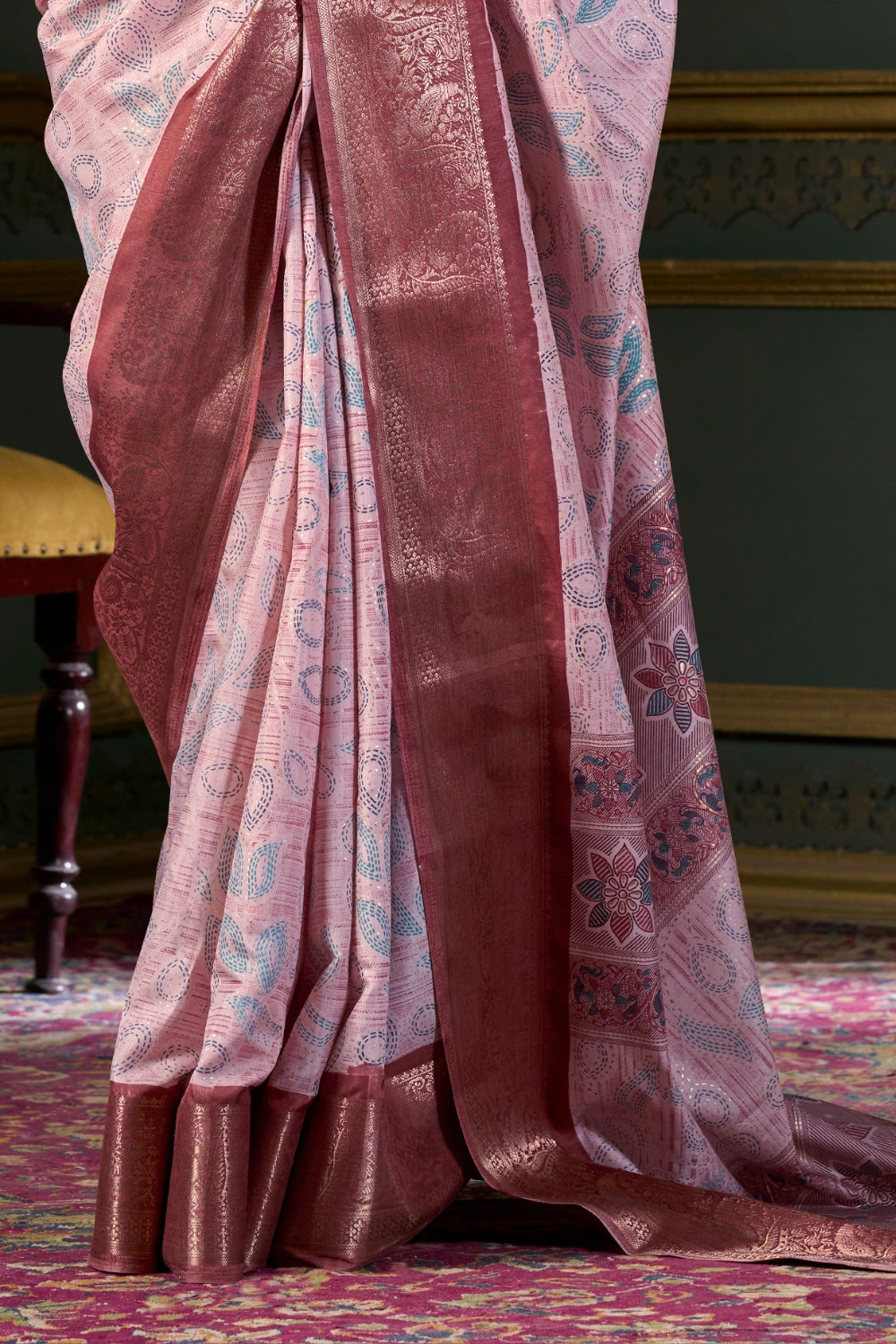 Marron Soft Silk Fabric With Foil Print Saree