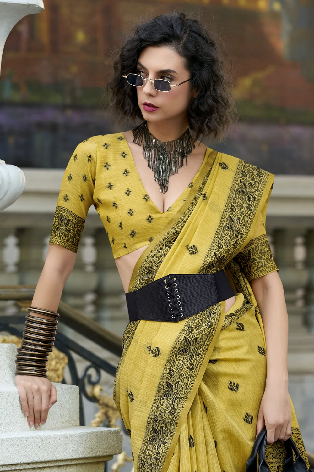 Yellow Linen Tissue Silk Saree