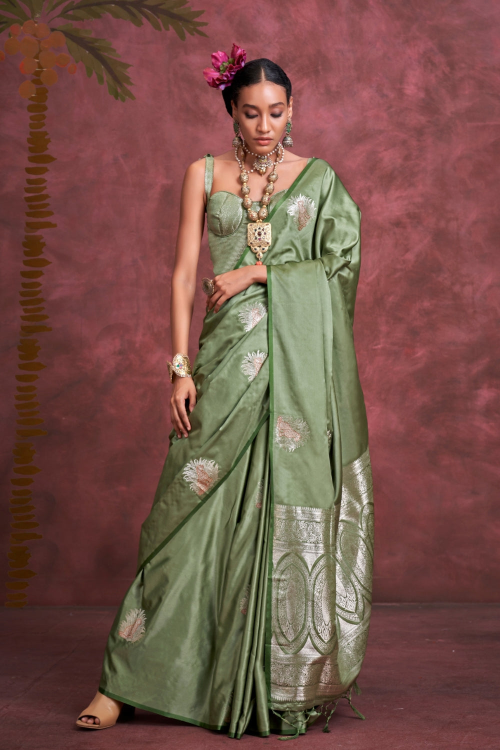 Green PURE SATIN Saree