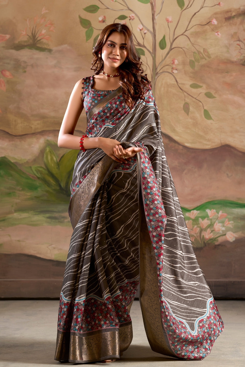 Dark Grey Cotton With Digital Print Saree