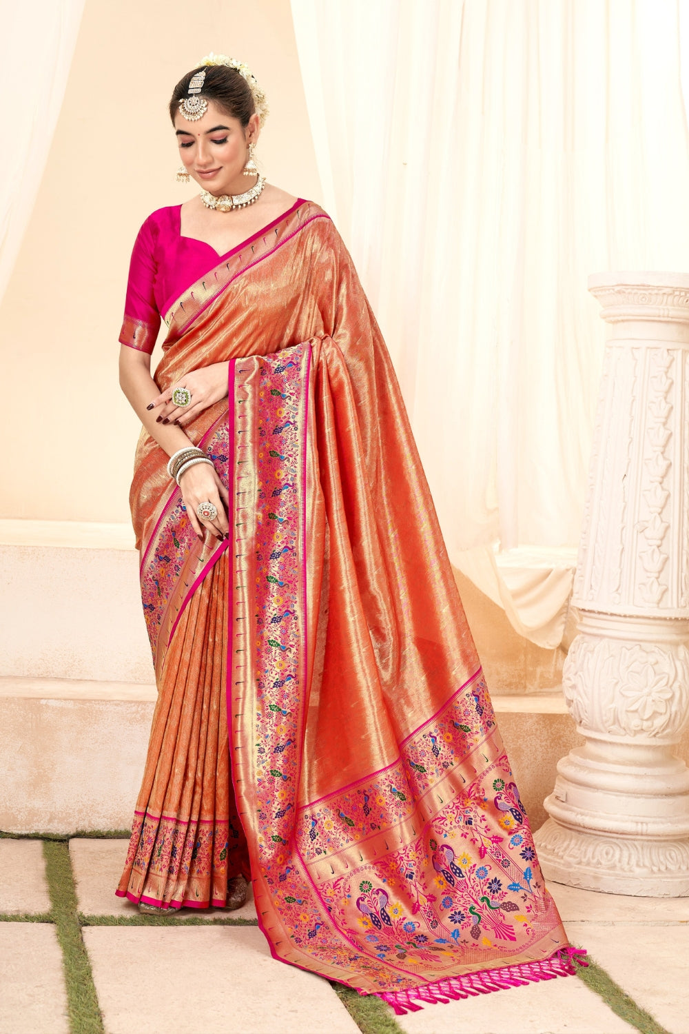 Fire Orange Pure Paithani Tissue Silk Saree