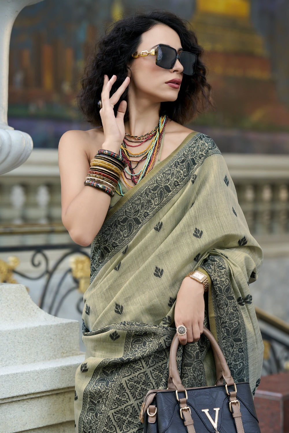 Grey Linen Tissue Silk Saree