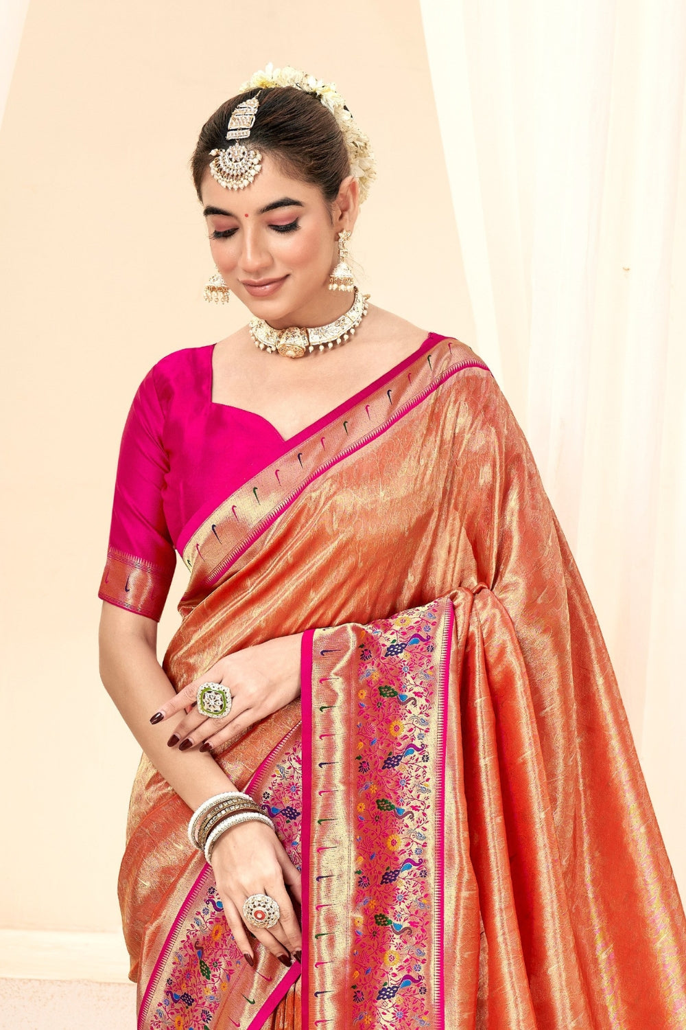 Fire Orange Pure Paithani Tissue Silk Saree