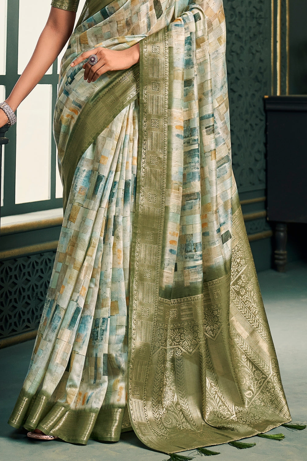 White Green Modal Cotton Saree