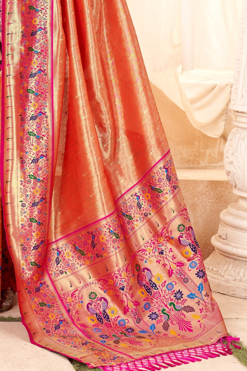 Fire Orange Pure Paithani Tissue Silk Saree