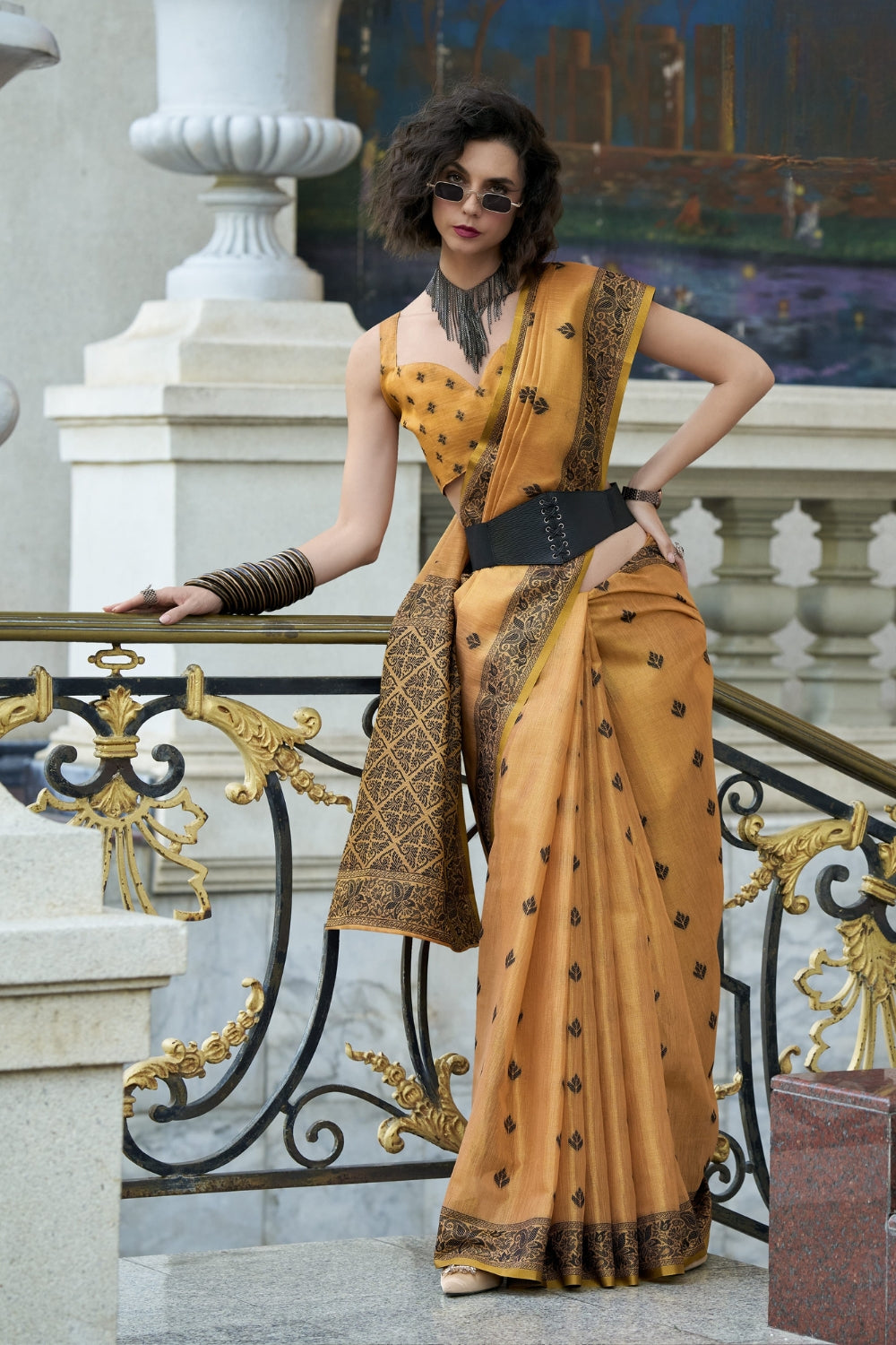 Orange Linen Tissue Silk Saree