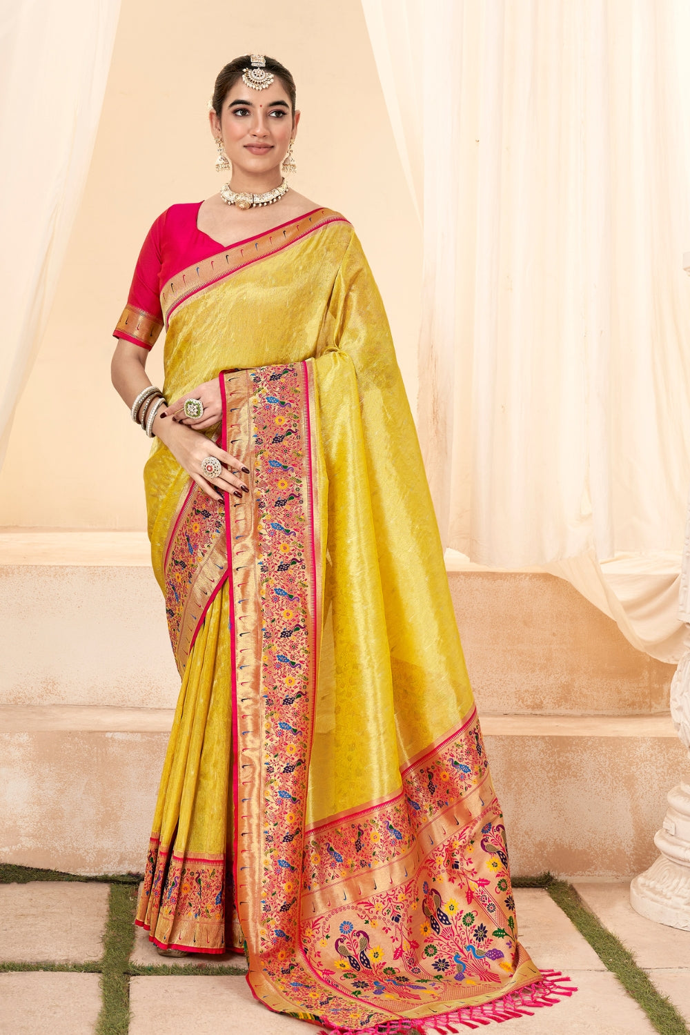 Lemon Yellow Pure Paithani Tissue Silk Saree