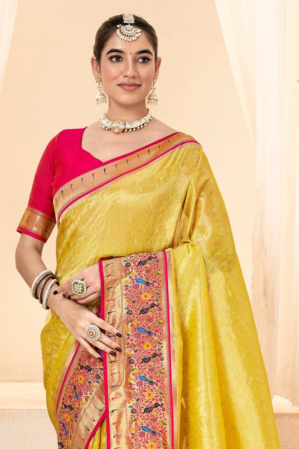 Lemon Yellow Pure Paithani Tissue Silk Saree