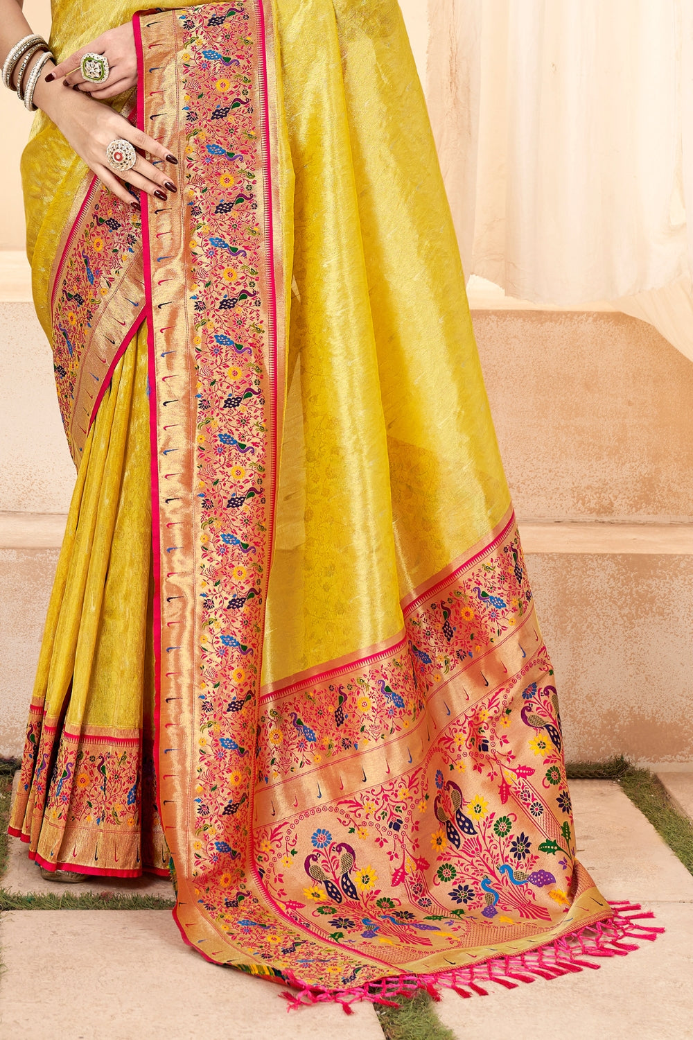 Lemon Yellow Pure Paithani Tissue Silk Saree