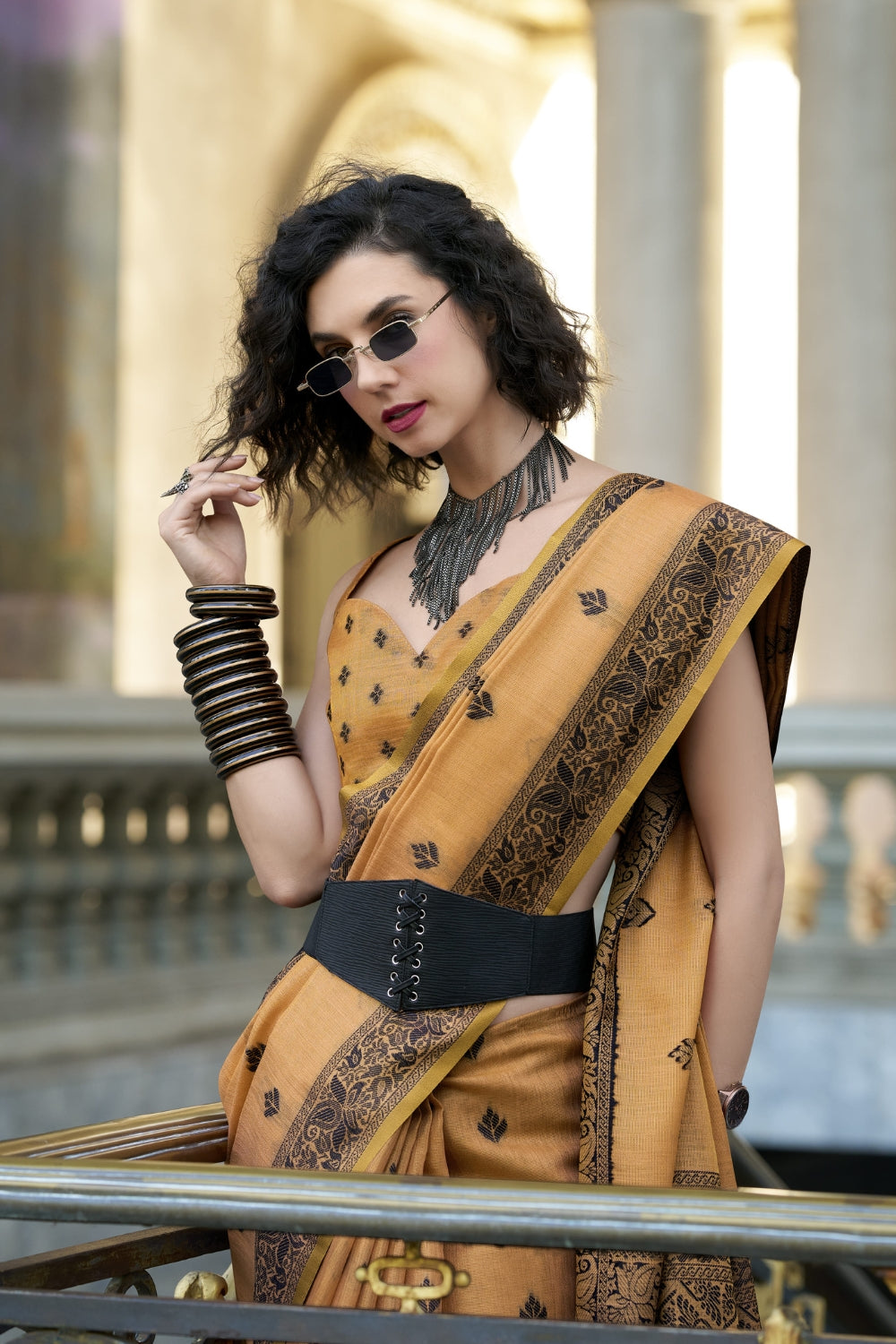 Orange Linen Tissue Silk Saree