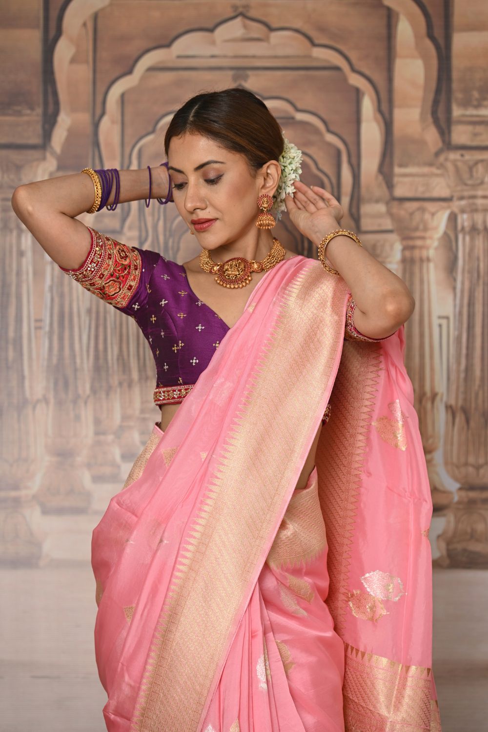 Baby Pink Banarasi Soft Silk Saree