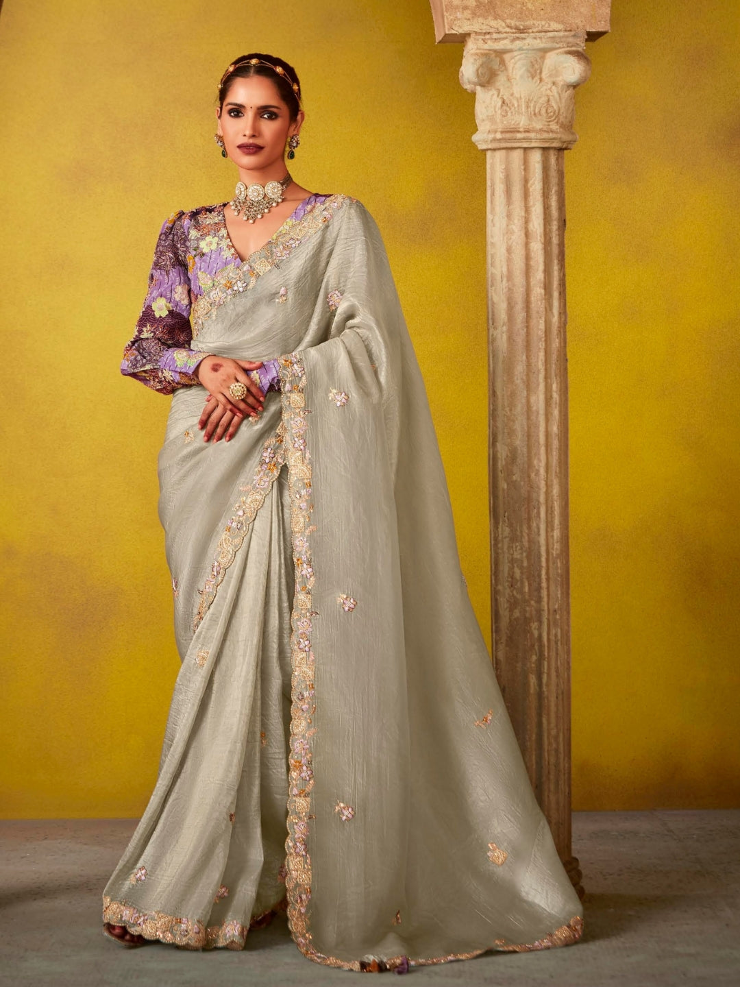 Grey Designer Banarasi Saree