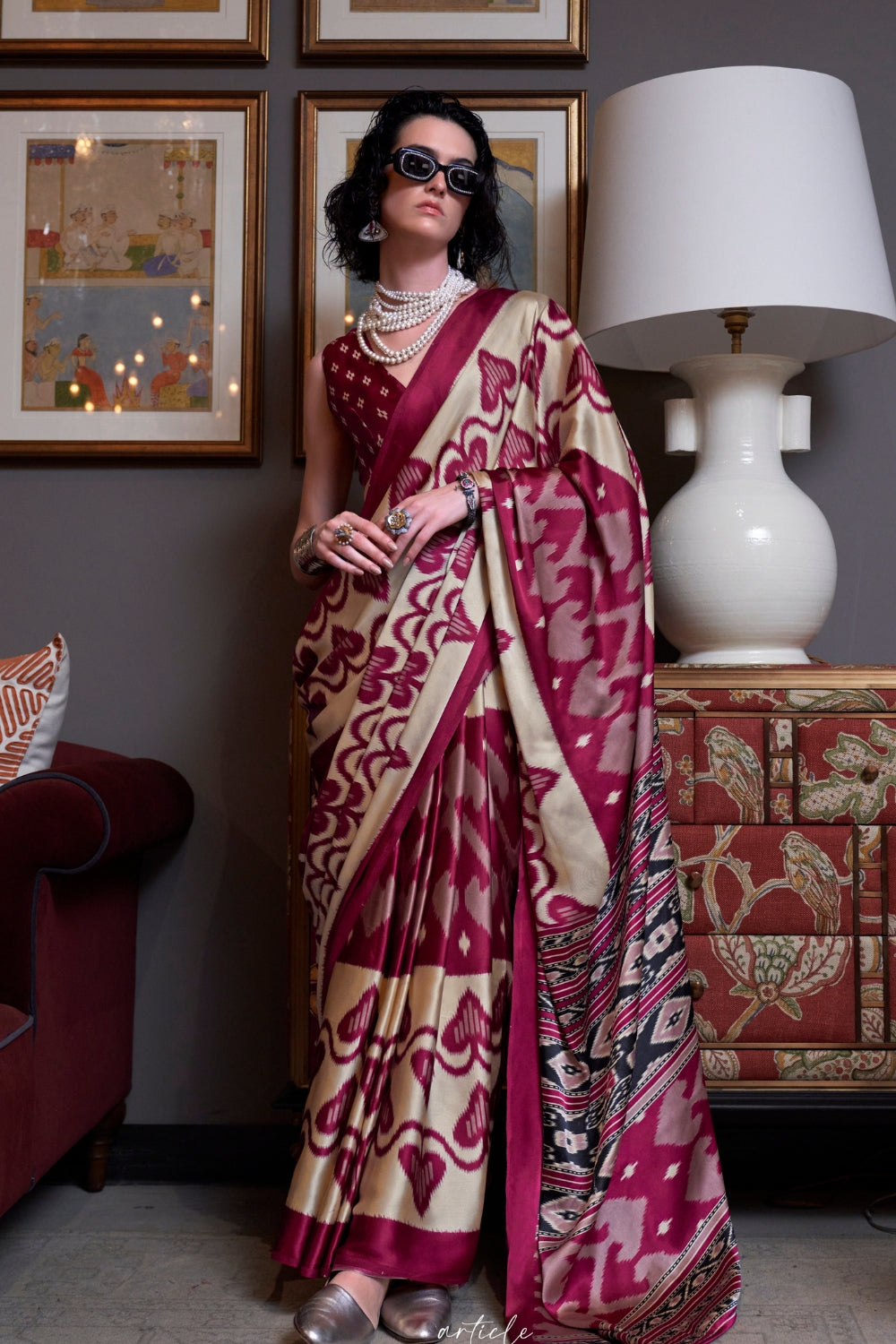 CREAM & MAROON SATIN CREPE SAREE