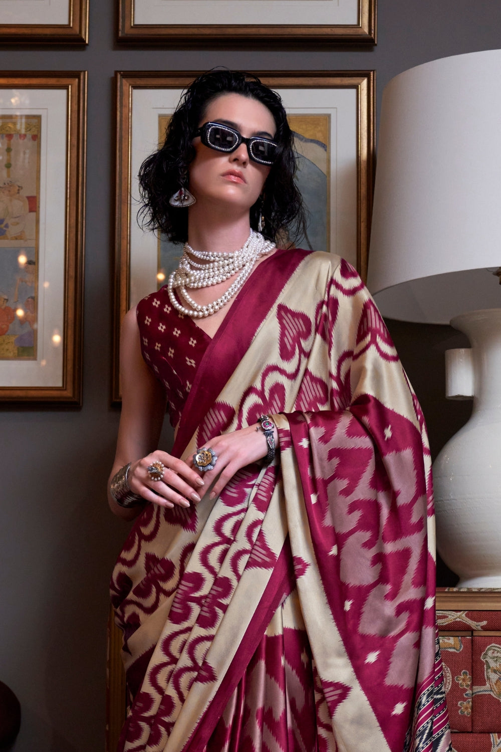 CREAM & MAROON SATIN CREPE SAREE